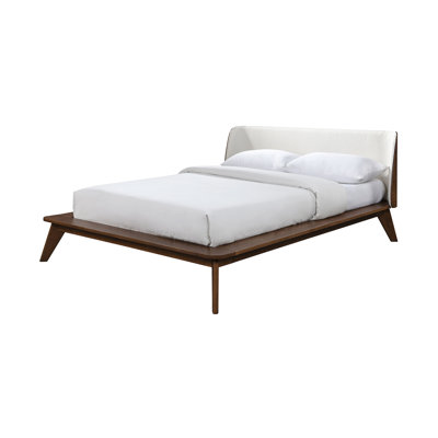 Mid-Century Modern Bed in Walnut with Fabric Winged Edge Headboard & Platform Frame