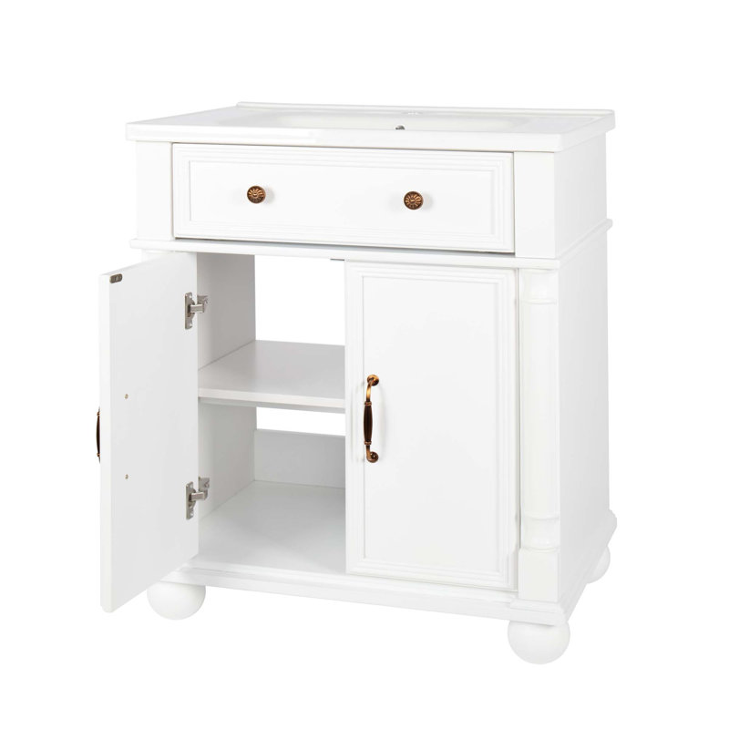 Meuble-lavabo de style campagne Mid-Century avec rangement et base en bois massif, Blanc