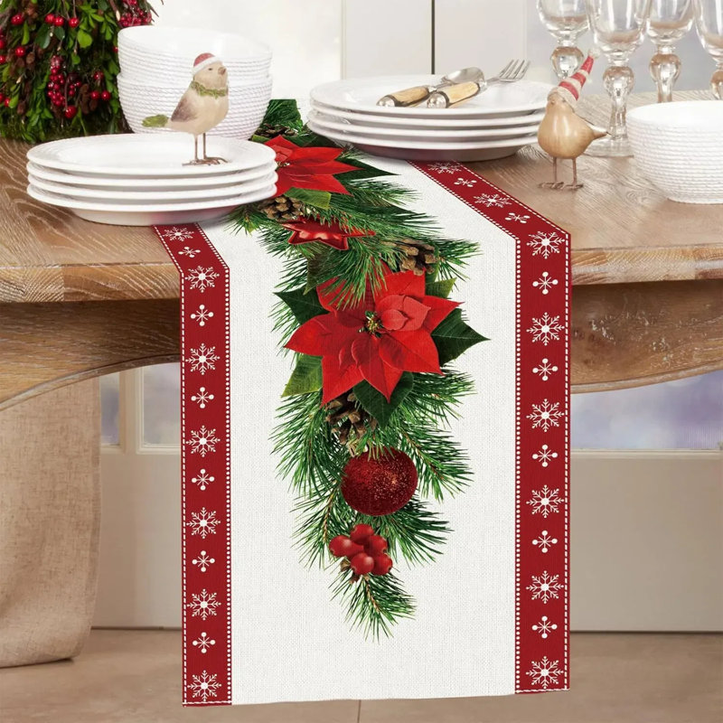 Watercolor Poinsettia Red Christmas Table Runner With White Snowflake,seasonal Winter Xmas Party Decoration Holiday Indoor Home Kitchen Decor 13 X 72 Inch