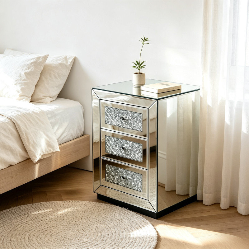 Table de chevet argentée à miroir avec 3 tiroirs et détails scintillants, table de chevet moderne en verre pour chambre à coucher, salon, vestibule
