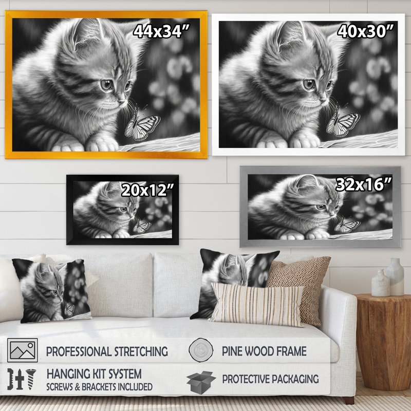 Monchrome, dessin numérique du petit chaton - reproduction sur toile, H 34 po x l 44 po x P 1 po, Cadre doré