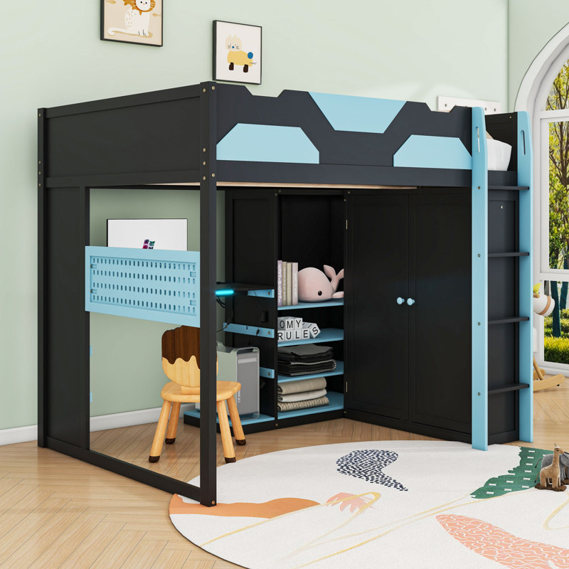 Wood Loft Bed with Desk, Shelves,USB and RGB Light, Cloud Blue