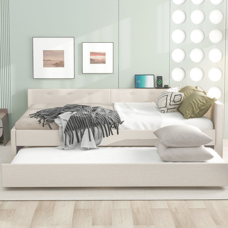 Lit plateforme tapissier grand avec lit simple et gigogne beige, Grand lit
