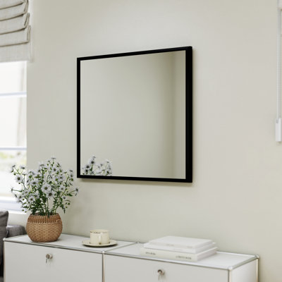 Miroir carré 32 po en aluminium noir pour couloir, grande surface de réflexion, cadre, design contemporain, miroir de salle de bain mural facile à installer, processus intemporel