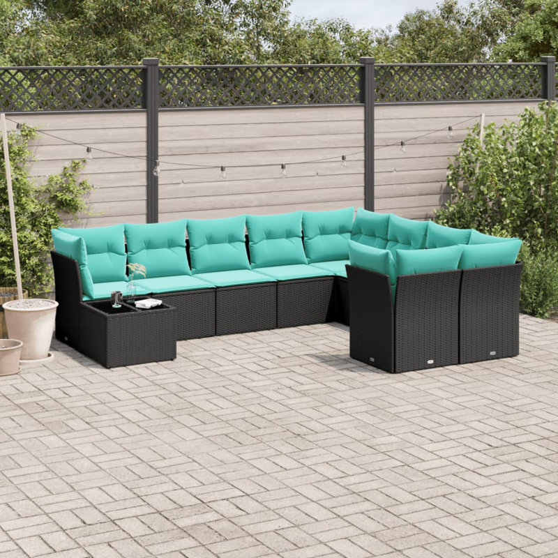 Ensemble de canapé de patio 10 pièces avec coussins en rotin de polyester, Bleu clair, Noir