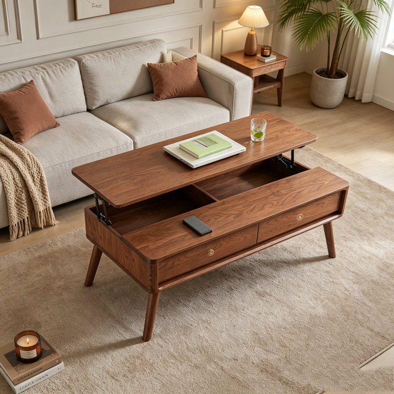Table basse à plateau relevable en chêne avec compartiments de rangement cachés, 47.24"W, Walnut