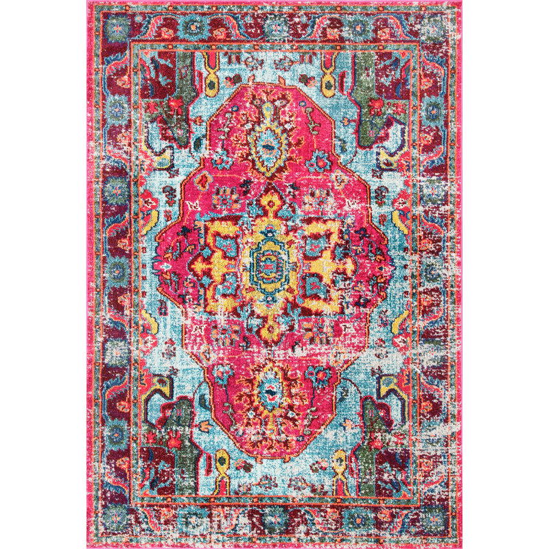 Tapis rose à motif bohème rétro tissé à la machine Performance Juliemarie, Rectangle 7 pi 10 po x 11 pi