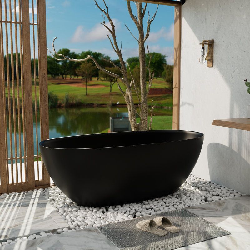 Baignoire de trempage autoportante moderne ovale en résine 64,98 po x 30 po, Noir mat