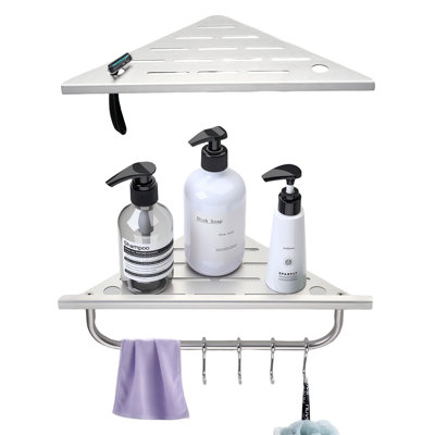 Recessed Corner Shower Caddy with Towel Bar and Hooks, 2-Pack, (Brushed Nickel)
