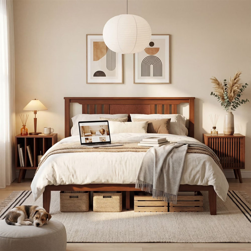 Mid Century Solid Wood Platform Bed with Headboard, Wood Slat Support, No Box Spring Needed, Queen