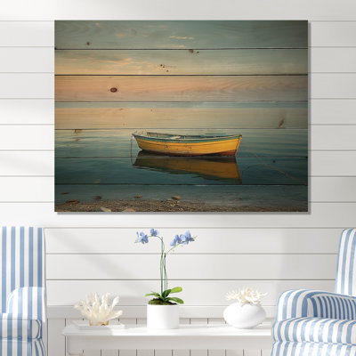 Paysage de bateau bleu et jaune - Bateau côtier, art mural sur bois de pin naturel