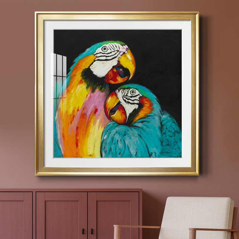 Perroquet ludique - peinture encadrée, Encadrement doré, H 26,5 po x l 26,5 po x P 1,5 po