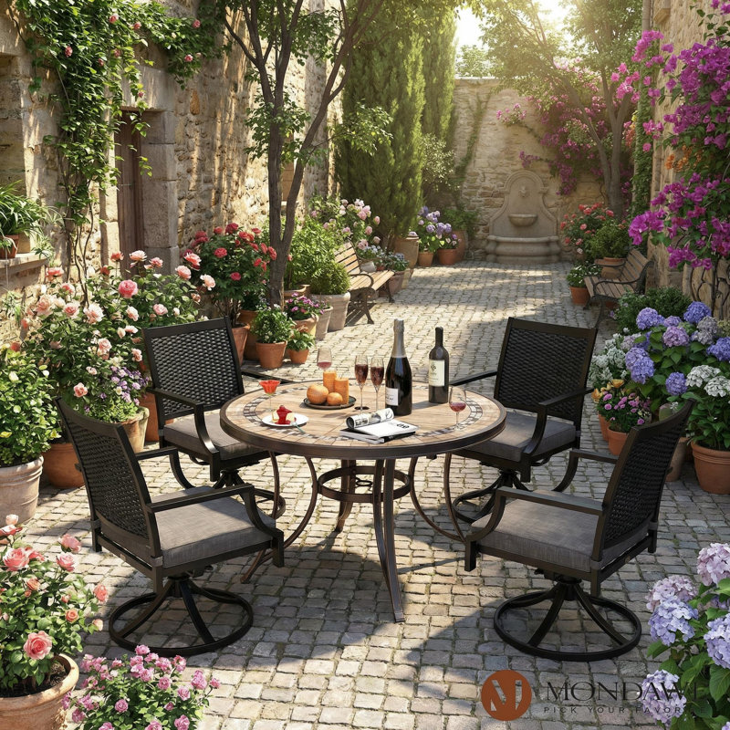 48'' Round Cast Aluminum Tile-Top Outdoor Dining Table with 2.3'' Umbrella Hole