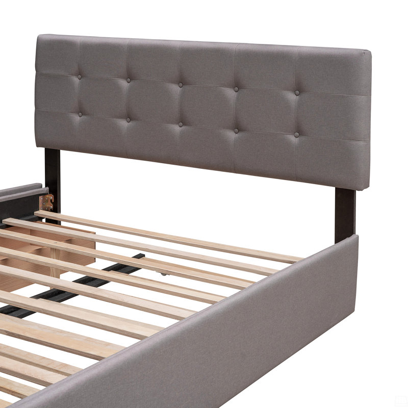 Lit plateforme tapissier avec 2 tiroirs et 1 lit gigogne simple TG, tissu de lin, grand, Brun