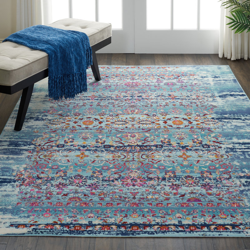 Tapis bleu traditionnel Karey, Rectangle 5 pi 3 po x 7 pi 10 po