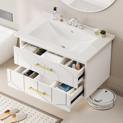 Meuble-lavabo flottant 24 po avec lavabo, lavabo en céramique et 2 tiroirs à fermeture en douceur 24 po