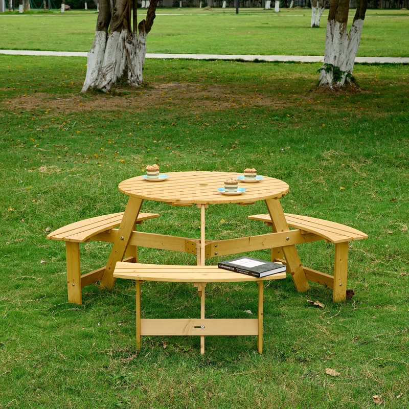Outdoor 6 Person Picnic Table, 6 Person Round Picnic Table With 3 Built-In Benches, Umbrella Hole, Outside Table And Bench Set