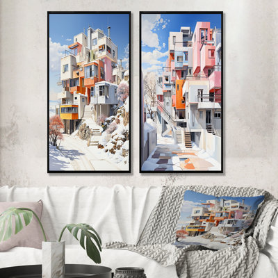 De Stijl, ville moderne en hiver - ensemble d'art mural sur toile neige