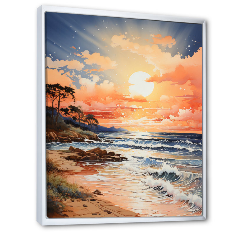 «Beach Sunkissed Sands Pointillism II», reproduction sur toile, H 40 po x l 30 po x P 1,5 po, Cadre flottant blanc