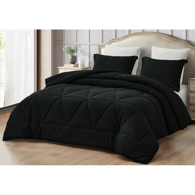 Washed Microfiber Bedding Polyester Comforter, Full/Double Comforter + 2 Standard Shams, Black