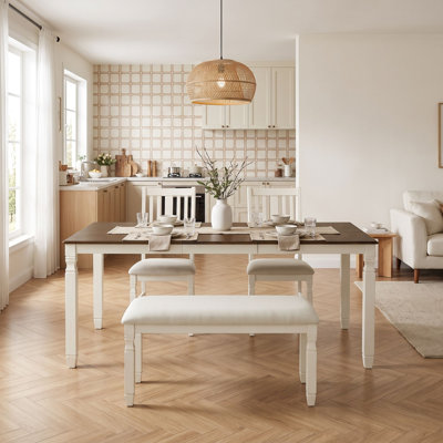Ensemble de salle à manger extensible Farmhouse avec table rectangulaire amovible à feuilles, 2 chaises rembourrées et banc