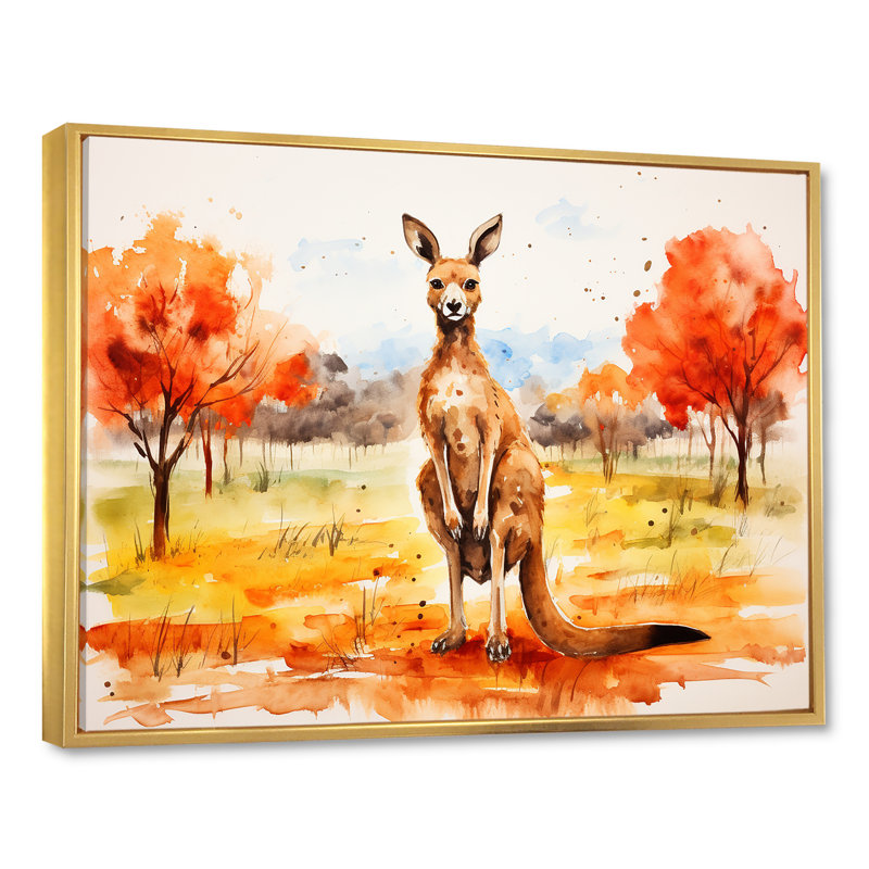 Kangourou brun et orange - Art mural animal kangourou, H 34 po x l 44 po x P 1,5 po, Cadre flottant doré