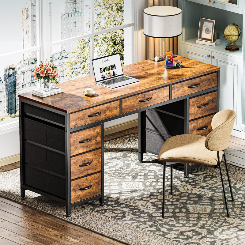 Bureau de 54 pouces avec prises, Brun rustique / brun rustique