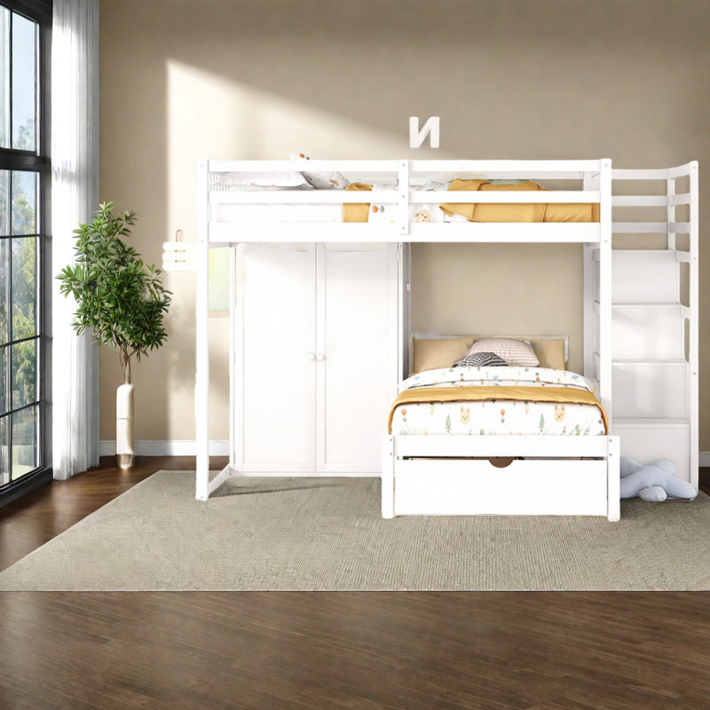 Lit superposé double au-dessus d'un lit simple en bois, solution de rangement moderne pour la famille