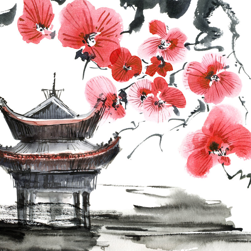 Riverlea Pagoda And Blossom Tree - Wrapped Canvas Painting, 30cm H x 30cm W x 3.8cm D