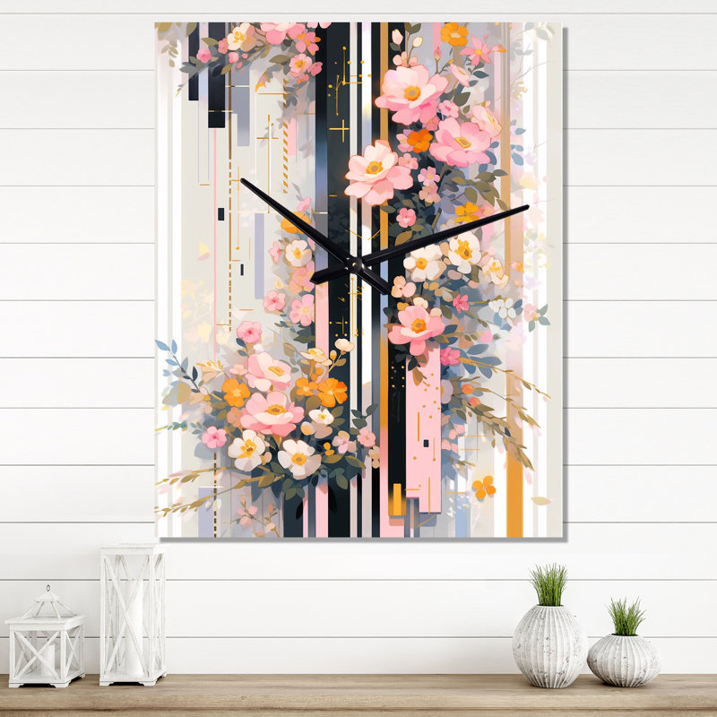 Fleurs de cerisier rose modernes Bold Stripes III - Horloges murales cerise, Médium