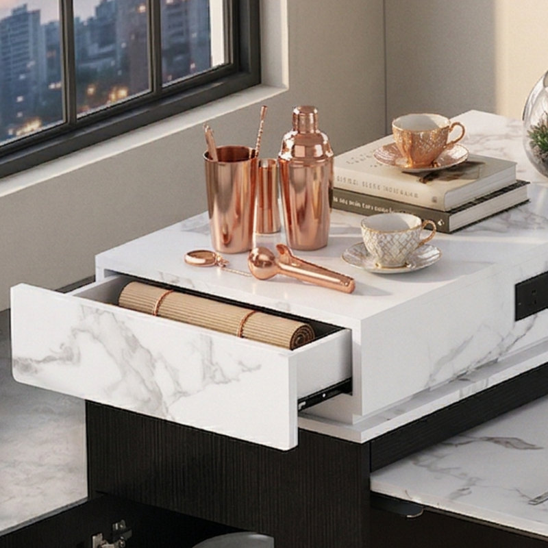 This Luxurious Black And Marble White Kitchen And Dining Set Features A Telescopic Dining Table Paired With A Multi-Functional Island, Complete With Drawers, Sockets, Casters, And Hooks—Practical Yet Exuding A High-End Feel.