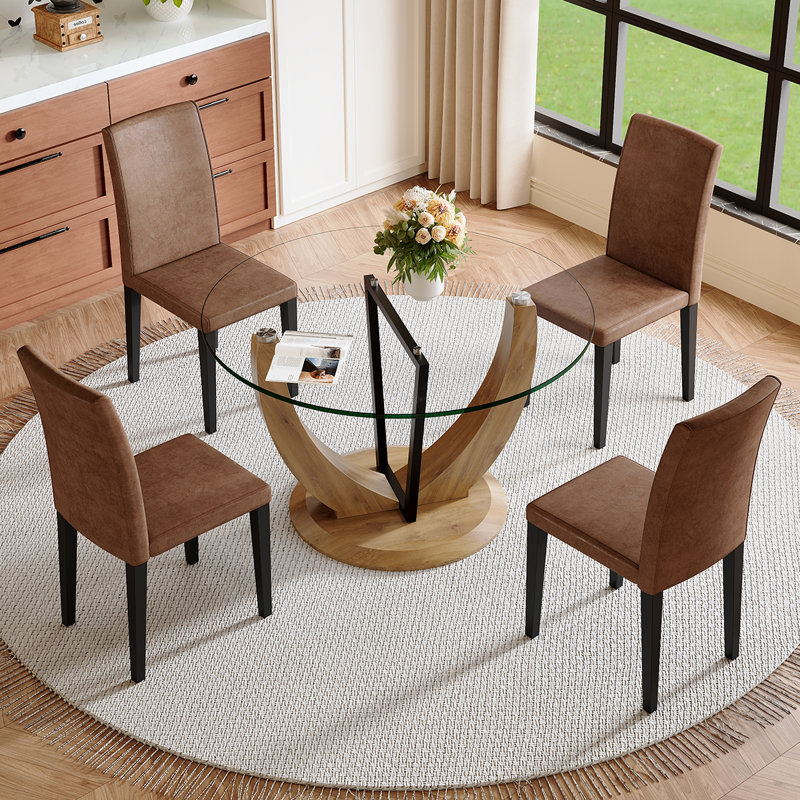 Modern 4‑Seat Round Dining Table Set – Tempered Glass Top Dining Table and Chairs, Kitchen & Dining Room Set