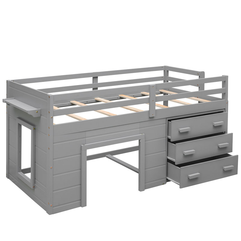 Twin Size Loft Bed with Cabinet and Shelf - , Grey