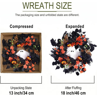 Couronne d'Halloween de 50 cm avec lumières fantômes pour porte d'entrée | Citrouilles fantômes pré-éclairées avec commande vocale et minuterie pour décorer votre porche, mur ou table de fête intérieure