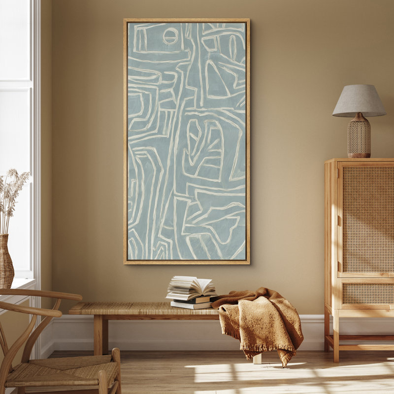 Light Blue Geometric Patterned Abstract - Large Framed Canvas Master Bedroom Wall Art Print, 60" H x 30" W x 1.5" D, Natural
