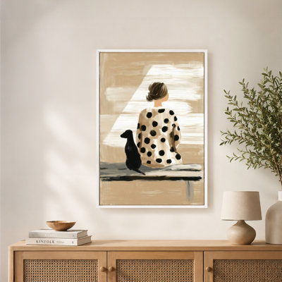 Polka Dot Dress Woman with Dog Canvas Wall Art with Floating Frame, Ready to Hang