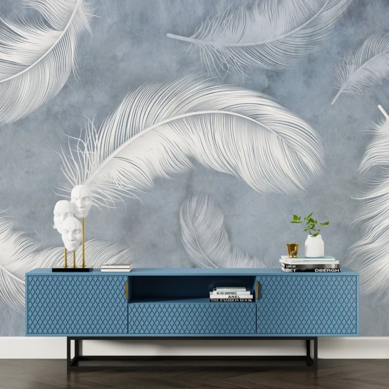 Décoration murale moderne moderne en plumes blanches abstraites sur fond bleu pâle, élégante décoration murale contemporaine
