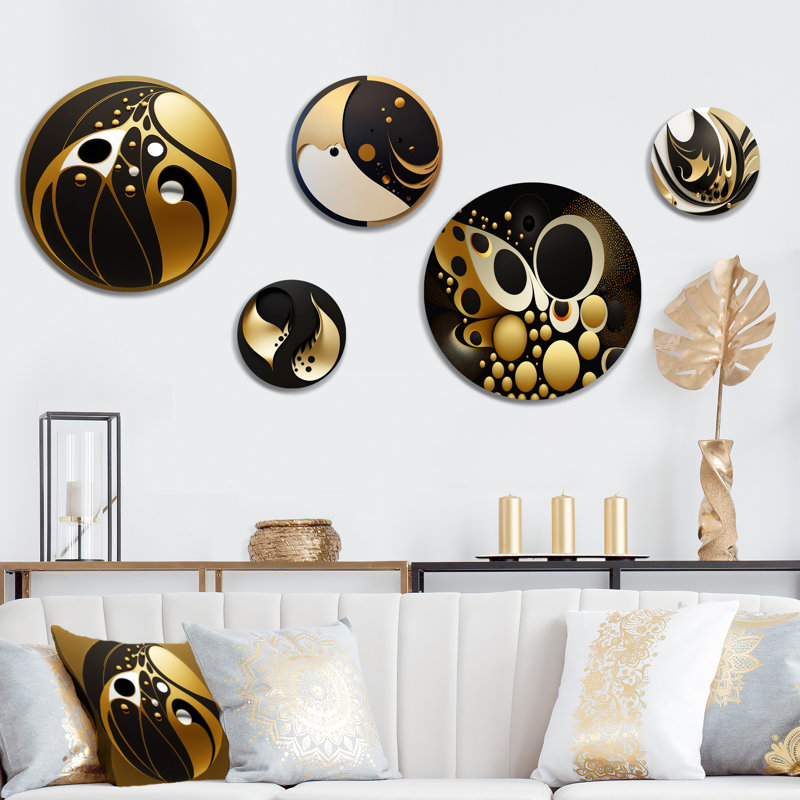 Ensemble de 5 décorations murales sphères dorées et noires I