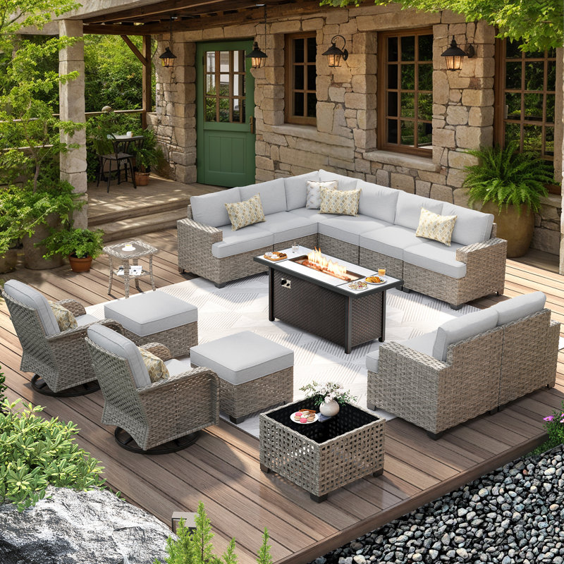 12 - Person Patio Furniture Set with Swivel Rockers, Outdoor Wicker Rattan Sectional Seating Group with Cushions, All Weather Sofa Conversation Set with Fire Pit Table for Garden Backyard