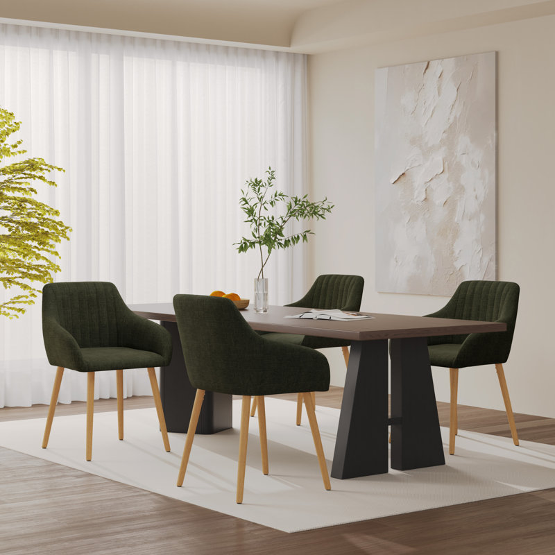 49.5cm H Upholstered Dining Chairs With Wooden Legs, 4, Green Linen/Natural