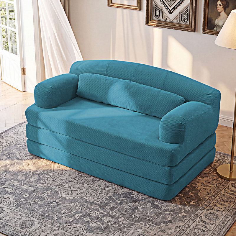 Causeuse-lit pliable, Velours côtelé bleu ciel