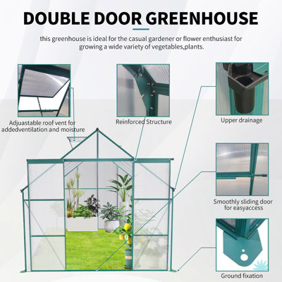 Double Door Polycarbonate Greenhouse Raised Base