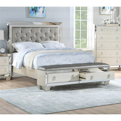 Glam Luxurious 1pc California King Size Bed w Drawers Footboard Silver Mirror Accents Tufted Headboard Bedroom Furniture