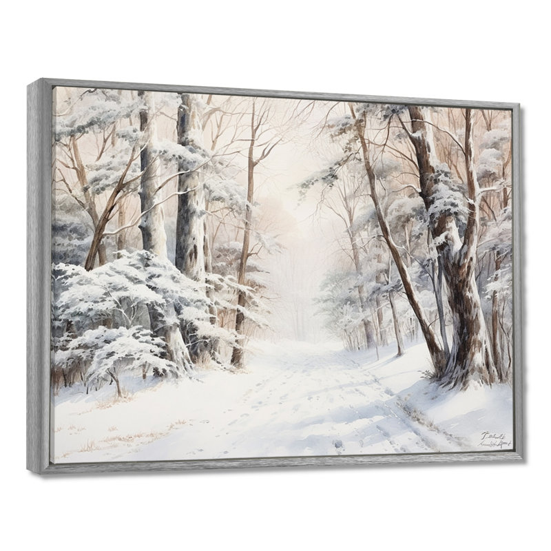 Hiver, forêt, charme de neige, paysage - neige, art mural, H 34 po x l 44 po x P 1,5 po, Encadrement argenté