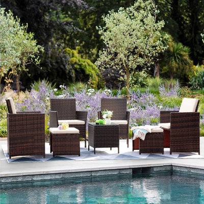 Ensemble de meubles de jardin d'extérieur en rotin pe 7 pièces avec coussin et table en verre Fransje