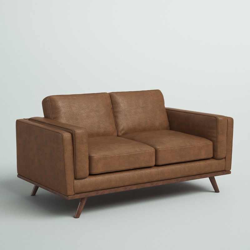Causeuse à accoudoirs carrés en cuir véritable de 67 po Barberena, Cuir véritable chameau