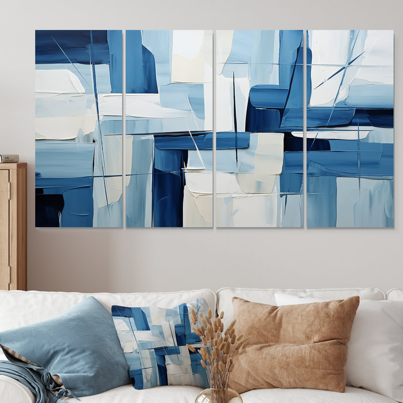Nautique, formes géométriques blanches et bleues II - Art géométrique abstrait 4 pièces, H 32 po x l 64 po