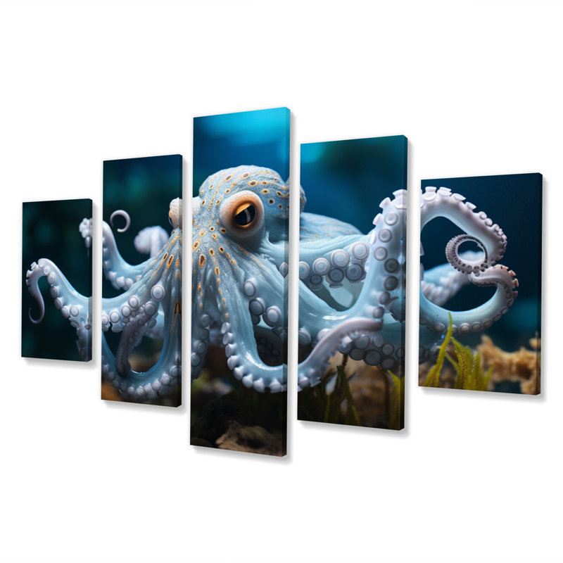 «Blue Octopus Serene submersion», reproduction d'art sur toile - 5 panneaux