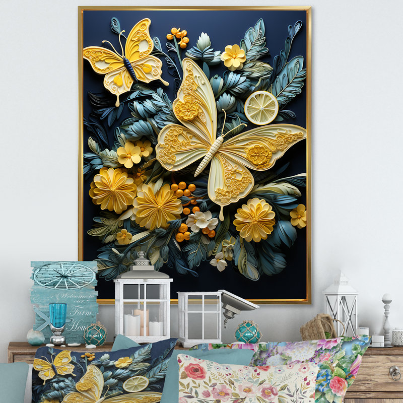 Délice de papillon jaune citron sur toile, Cadre flottant doré, H 40 po x l 30 po x P 1,5 po