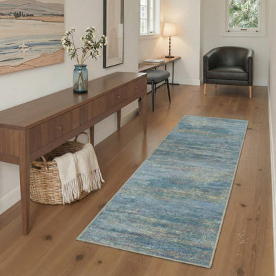 Scribble Abstract Brush Strokes Machine Washable Azure Blue Indoor Area Rug With Non-Slip Backing